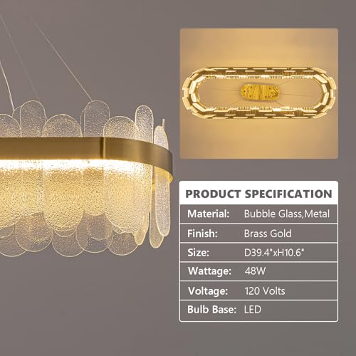 Tinkoso Gold Linear Chandelier, Modern Rectangle Glass Pendant Light Fixture with LED 3-Color Dimmable Lighting, Luxury Ceiling Light for Dining Room, Kitchen Island, Living Room & Foyer, 39.3 Inch by Tinkoso - Used condition - Image 5