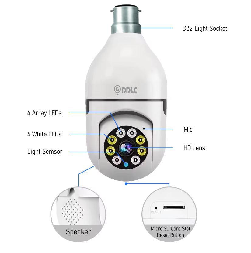 Image of DDLC 3MP WiFi Light Bulb Camera for Home Indoor | 360 View | Full HD | Night Vision | Motion Detection | Two Way Audio | Wireless Home Security Camera with Mobile App V380 Pro (Light Bulb)