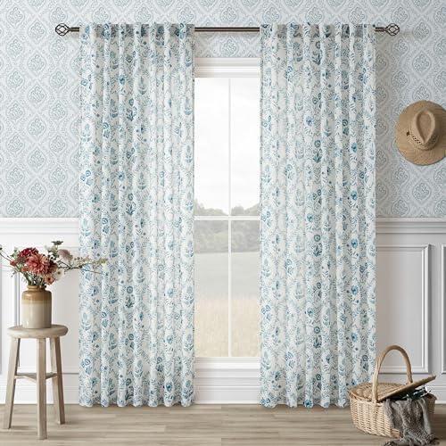Image of Blue Floral Linen Curtains for Living Dining Room 84 Inch Length 2 Panels
