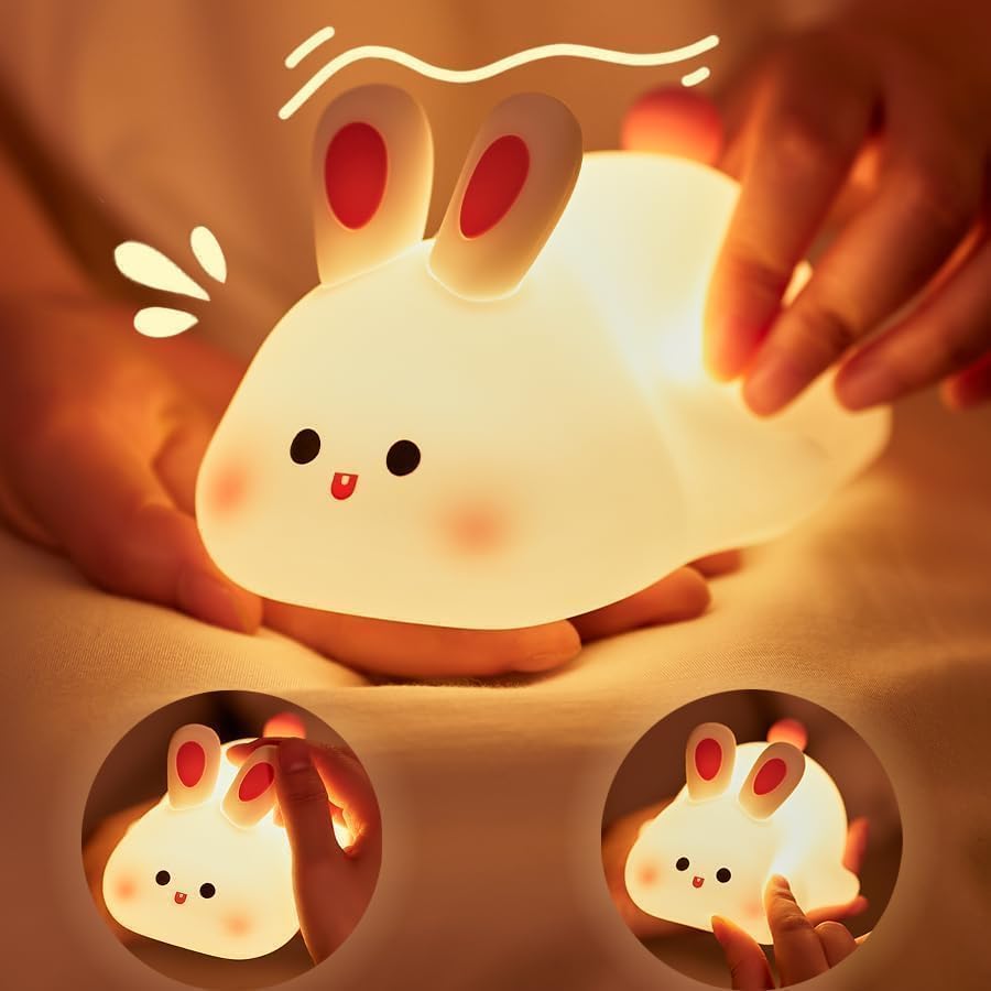 Image of DotCom Kids Night Light Lamp | Rechargeable LED Bedside for Children's Bedroom | Ideal Gift for Boys, Girls, Toddlers, and Nursery (Cute Rabbit) | Silicone | Pink