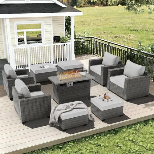 Image of ABCASA 9-Piece Patio Furniture Set with Fire Pit Table | Indoor Comfort for Outdoor Living | Weather-Resistant Wicker & Ultra-Thick Cushions | Grey Patio Conversation Set for Deck, Porch, Poolside