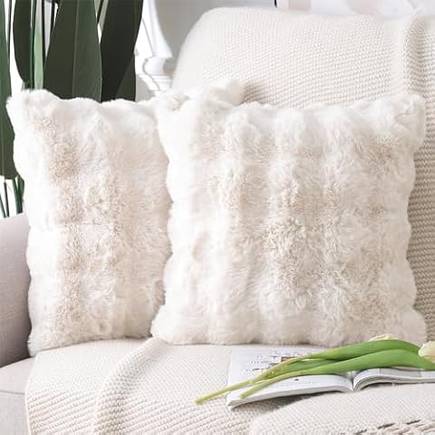 MADIZZ Pack of 2 Thick Plush Wool Throw Pillow Covers 18x18 Inch Cream Soft Decorative Cushion Cover for Sofa Bedroom Pillow Shell Cover