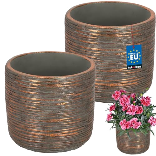 KOTARBAU® 2er Set Blumentopf Groß - Pflanzkübel - ⌀ 12 cm H: 13 cm - Keramik - Kupfer - Pflanztopf - Orchideentopf - Design - Stilvoll - Blumenübertopf - Außen
