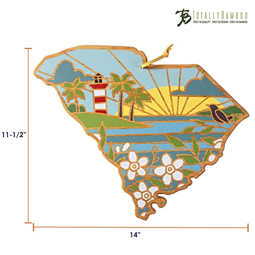 Totally Bamboo South Carolina State Shaped Cutting Board and Charcuterie Serving Platter with Artwork by Summer Stokes, Includes Hang Tie for Wall Display 14\" x 11-1/2\" x 5/8\"