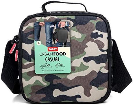 Tatay Urban Food Casual - Insulated Lunch Bag, 3L Capacity, 4 Plastic Food Storage Containers (2 x 0.5 L, 2 x 0.2 L) BPA Free, Camouflage. Measure 22.5 x 10 x 22 cm