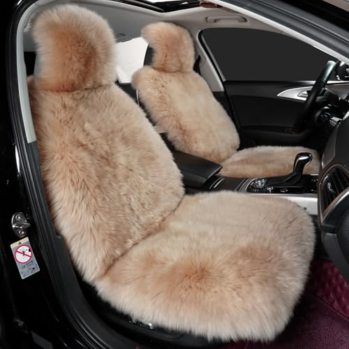Image of AOGELAN Fluffy Sheepskin Car Seat Covers Fuzzy Long Wool Front Light Brown