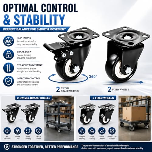Image of 1.5 inch Heavy Duty Caster Wheels Set of 4 with 2 Brake & 2 Fixed Wheels | Furniture Trolley, Silent PU 360 Swivel Caster wheel for Cabinets, Workbench, Cart, Rack & Industrial Equipment