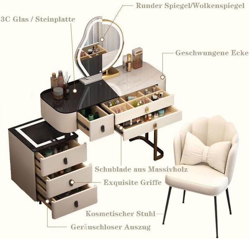 Makeup Table with Flip Top Mirror and Removable Storage Padded Seat Stool Led Smart Glass Dressing Table Chair Set,Vanity Table with Lighting Luxury Dressing Set with 6 Drawers 3 Color LED A image 3