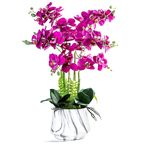 W&W Artificial Orchid Plants and Flowers with Vase, Fake Faux Silk Orchid in Ceramic Pot, 24'', Purple
