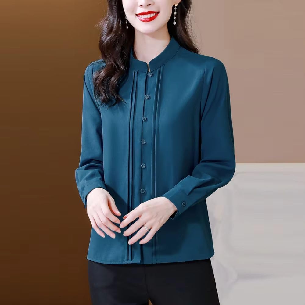 Women's Solid Silk Shirt Long Sleeve Stand Collar Simple Office Lady Blouse Elegant Top