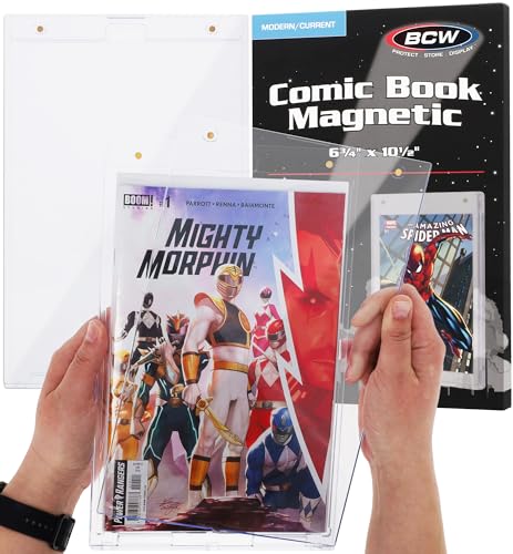 BCW Current Comic Book - Vitrina magnética de 2 piezas con protección UV con imanes dorados y soporte de pared con dientes de sierra, se adapta a cómics de la era moderna en bolsas y embarcados