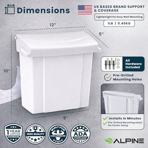 Image of Alpine Sanitary Napkin Receptacle - Feminine Hygiene Disposal Container, Wall Mounted Trash Can with Odor Control Seal & Installation Hardware (White)