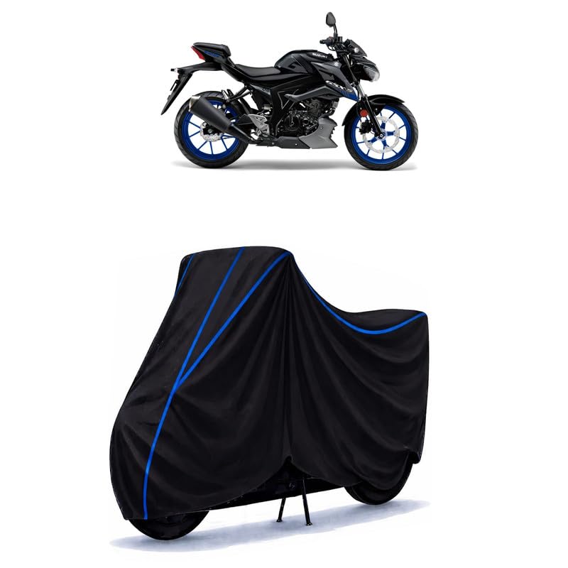 Image of Suzuki GSX-S 125 Bike Cover Water Resistant Universal Motorcycle Rain | Heavy Duty UV Protection, Dust, Scratch Indoor Outdoor All Weather with Black Blue Piping Elastic