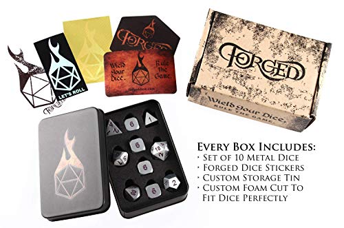 Forged Dice Co. Metal Dice Set - Polyhedral Dice Set of 10 with Dice Storage Tin and Stickers - Metal DND Dice and Gaming Dice for Dungeons and Dragons RPG Games Battle Steel w/Purple Numbers