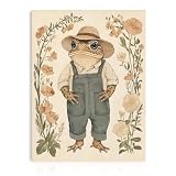 Dazzlewall Arte de Pared Rana Divertida, Lienzo de Rana Botánica Vintage Fantasista en Overoles para Dormitorio Sala 30×40 cm Sin Marco