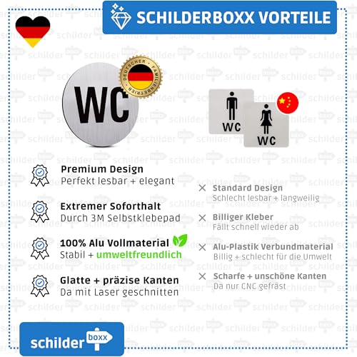 SCHILDERBOXX® WC Schild Selbstklebend - Toilettenschild [Ø75mm, 100% Alu, 3M Tape] – Türschild Toilette Aufkleber Tür, Gäste WC-Schilder, Toilettenschilder