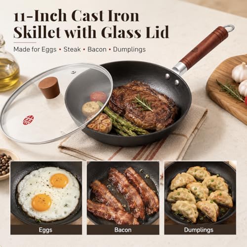 Image of WANGYUANJI 11 Inch Cast Iron Skillet with Glass Lid, Uncoated Cast Iron Frying Pan for Steak, Eggs, Sauteing,Flat Bottom Skillet for Gas, Electric & Induction Cooktops