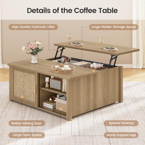 Image of SEDETA 31.5 inch Lift Top Coffee Table with Storage, Square Coffee Tables for Living Room, Farmhouse Coffee Table with Large Hidden Storage Compartment and Adjustable Shelves, Rattan Oak