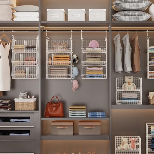 Jautokerdar 3 Tier Closet Hanging Shelves with Divider, Extra Large Closet Organizers and Storage, Clothes Hanging Organizer Clothing Sweaters Shoes Handbags Clutches Accessories-White