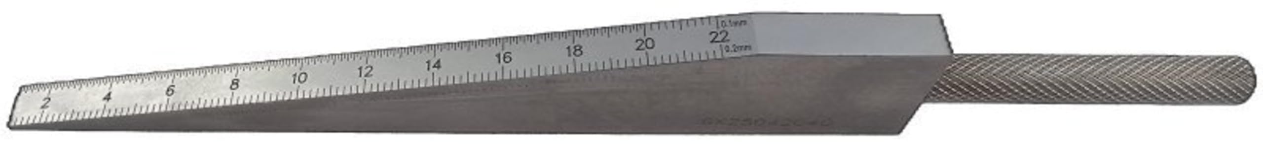 WRS Präz.-Messkeil, rostfrei, mattverchromt, Messbereich 1,0-22,0 mm, 200 mm lang, Ablesung: oben 0,1 mm/unten 0,2 mm, Skala gelasert, im Etui
