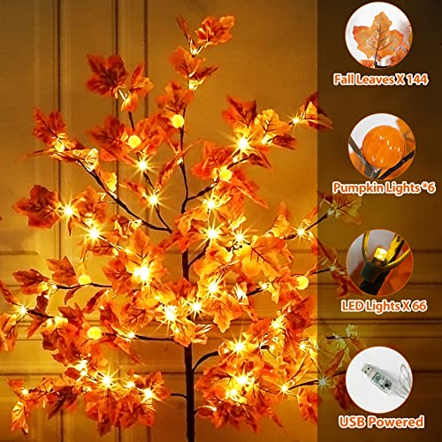 5Ft Lighted Thanksgiving Decor Maple Tree, Fall Decorations With 72Led 144 Maple Leaves 6 & Pumpkins & Timer 8 Flashing Mode Remote Control Artificial Tree Fall Home Indoor Outdoor Autumn Decor #TOP3