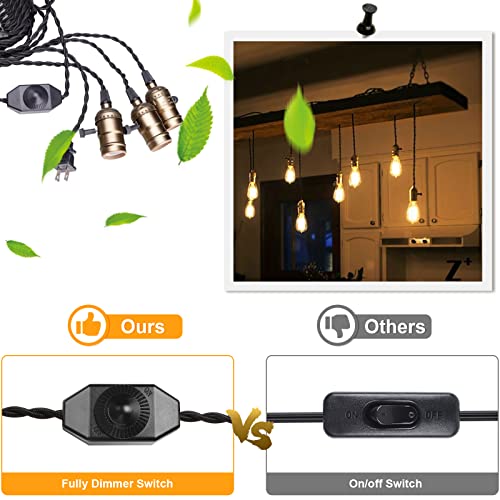 Vintage Pendant Light Kit Cord With Dimming Switch And Triple E26/E27 Industrial Light Socket Lamp Holder 25Ft Twisted Black Cloth Bulb Cord Plug In Hanging Light Fixture #TOP3