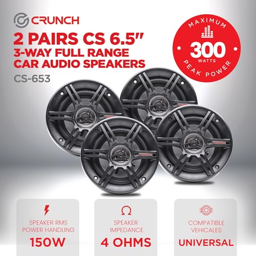 Crunch 2 Pack 6.5 Inch Car Audio Speakers, 300 Watt MAX 3 Way Full Range Speaker Set with 1 Inch Tweeter & Spade Terminal Connectors, CS-653 - Image 3