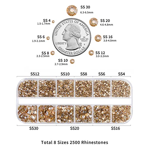 Beadsland Rhinestones for Makeup,8 Sizes 2500pcs Gold Flatback Rhinestones Eye Gems for Nails Crafts with Tweezers and Wax Pencil,Golden Shadow,SS4-SS30 - Image 4
