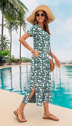 Image of MISFAY Womens Maxi Dress Short Sleeve V Neck Loose with Pockets | Soft stretchy breathable, v neck loose fit, side split hem, two side pockets, casual daily beach vacation travel dress