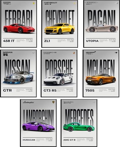 Image of Posternet Supercar Posters Set of 8 | A4 Size Wall Posters for Room Decor | Premium HD Car Prints for Boys Bedroom, Gaming Room, Office | Matte Finish 300 GSM Paper Wall Art Set