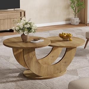 Tribesigns Table basse ronde pour salon, table basse à 2 niveaux de style ferme avec cadre en U, table basse d'appoint pour cocktail au centre pour la maison, appartement, naturel
