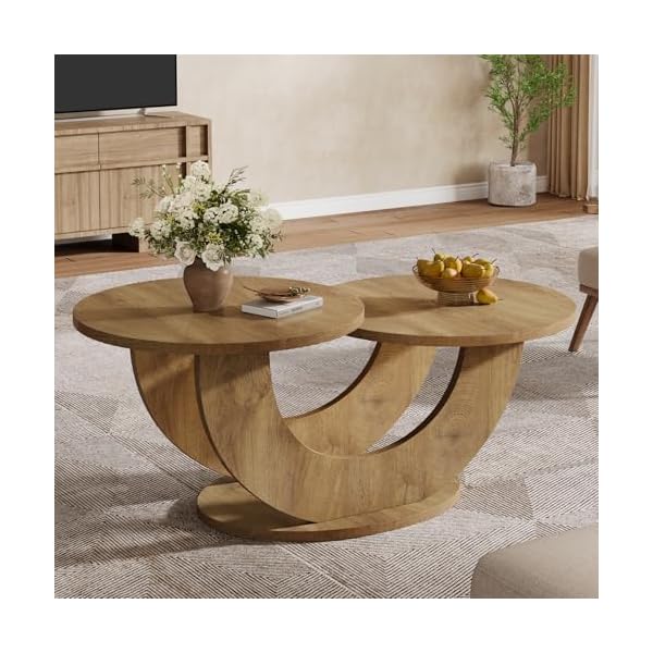 Tribesigns Table basse ronde pour salon, table basse à 2 niveaux de style ferme avec cadre en U, table basse d'appoint pour cocktail au centre pour la maison, appartement, naturel