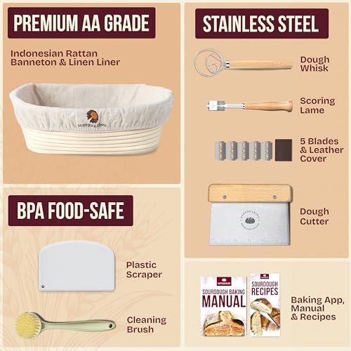 Superbaking 10" Oval Banneton Bread Proofing Basket – Sourdough Starter Kit for Crusty Artisan Style Loaves, Includes Essential Bread Baking Supplies & Tools - Ideal Gift for Bakers