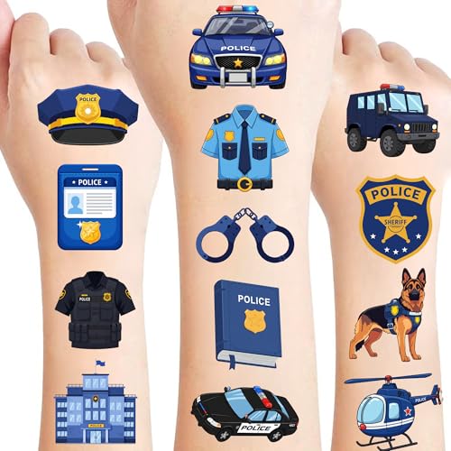 50 PCS Police Temporary Tattoos for Kids, Police Car Polices Officer Policeman Themed Tattoos for Birthday Party Supplies, Favors, Decorations Cute Fake Tattoo Stickers for Boys Girls Party Bag Filler