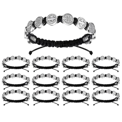 Bracelet médaille bénédictine tissée réglable homme femme, lot 12 bijoux cordon tressé