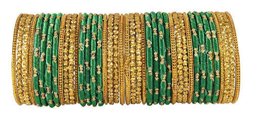 Image of NMII Silk thread Glass Bangle Set for Women (FF70-Dark-Green-2.4, DarkGreen, 2.4 Inch, 40 Bangles set)