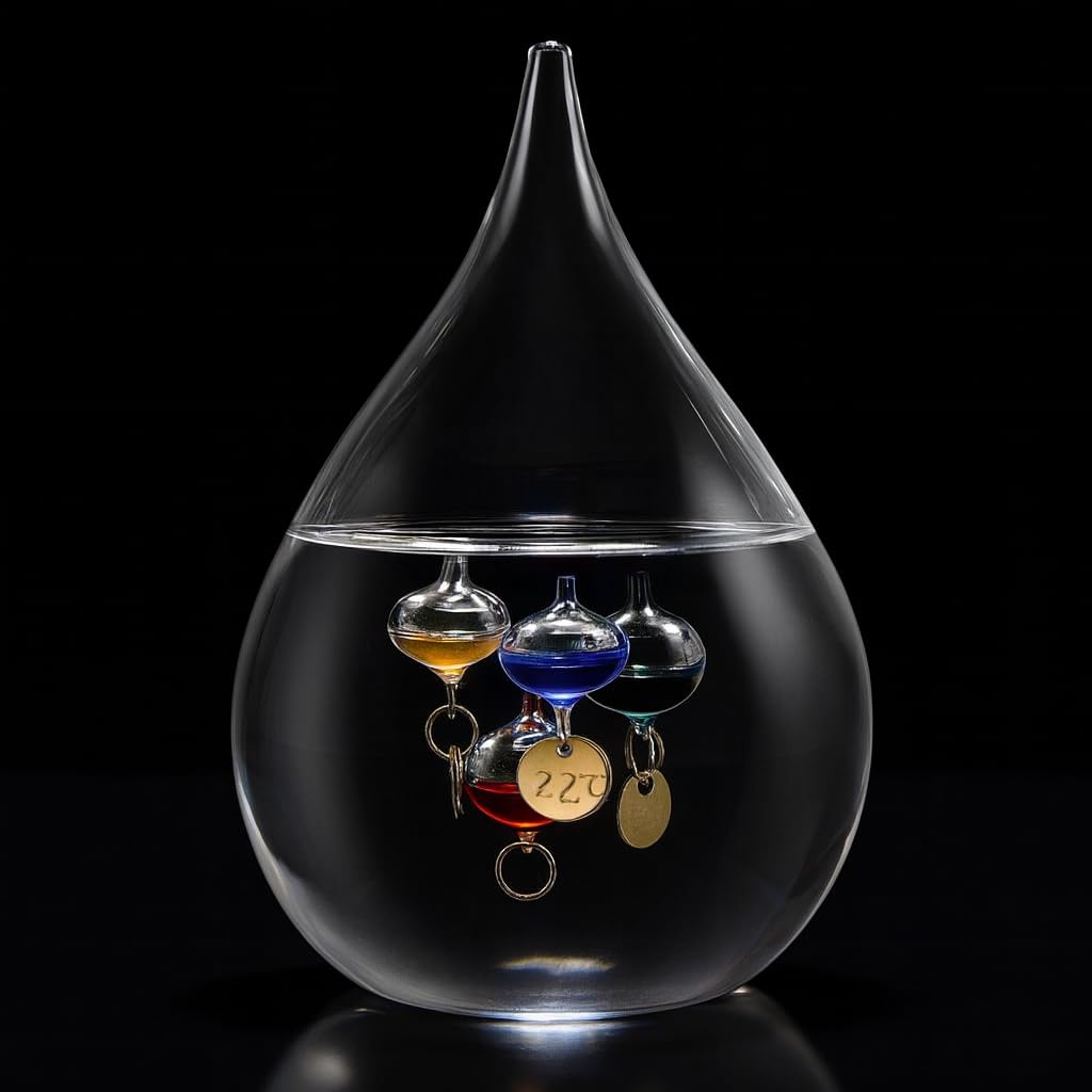 Galileo Thermometer Großer Glastropfen 16 cm, für drinnen oder draußen, analog, schwimmende farbige Kugeln