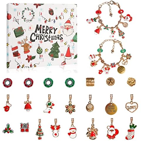 Christmas Advent Calendar for Girls, 24 Days Xmas Countdown Calendar Bracelets DIY Jewelry Making Kit Gift for Kids Teens Women, Including 2 Bracelets and 22 Charm Beads By MYCreator (Rose Gold) Cover