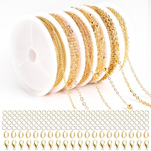OCCOUMR Cadena de eslabones dorada, 14 m, 6 rollos, venta por metros, accesorios de fabricación de joyas con anillos y cierres de mosquetón y anillos en U, cadena para hacer joyas para collares y