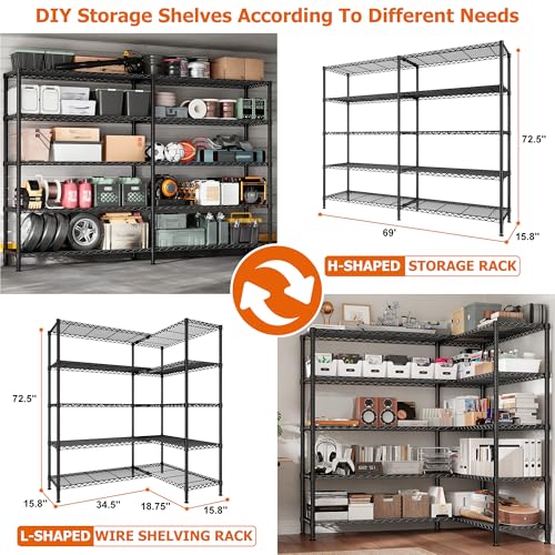 Image of REIBII 5-Tier Heavy Duty Storage Shelving Unit, 1600LBS Wire Rack