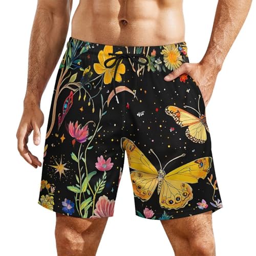 Y2k Butterfly Floral Daisy Beach Shorts for Men Swim Trunks Quick Dry Swim Shorts with Compression Liner Pocket