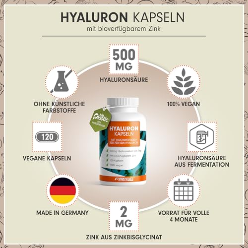 Hyaluron Kapseln 120x - optimal hochdosiert mit 500 mg Hyaluron pro Tag - hochwertige 500-700 kDa Hyaluronsäure + 2 mg bioverfügbares Zink - laborgeprüft mit Zertifikat - 100% vegan