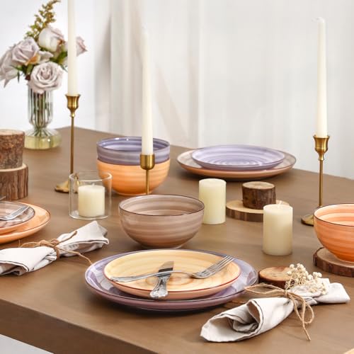 Image of Selamica Ceramic Plates and Bowls Sets,18 Pieces Dinnerware Sets for 6,Dishwasher & Microwave Safe dish set,Family & Holiday Dining, Maillard