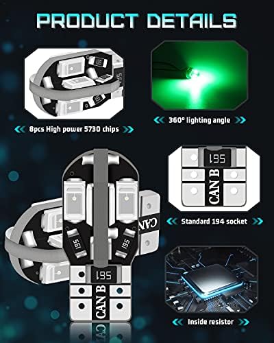 Alopee 10-Pack T10 194 168 168 2825 501 Extremely Bright Green 200Lums Canbus Error Free 12V LED Light,8-SMD 5730 Chipsets Car Replacement Bulb For Map Dome Courtesy License Plate Side Marker Light