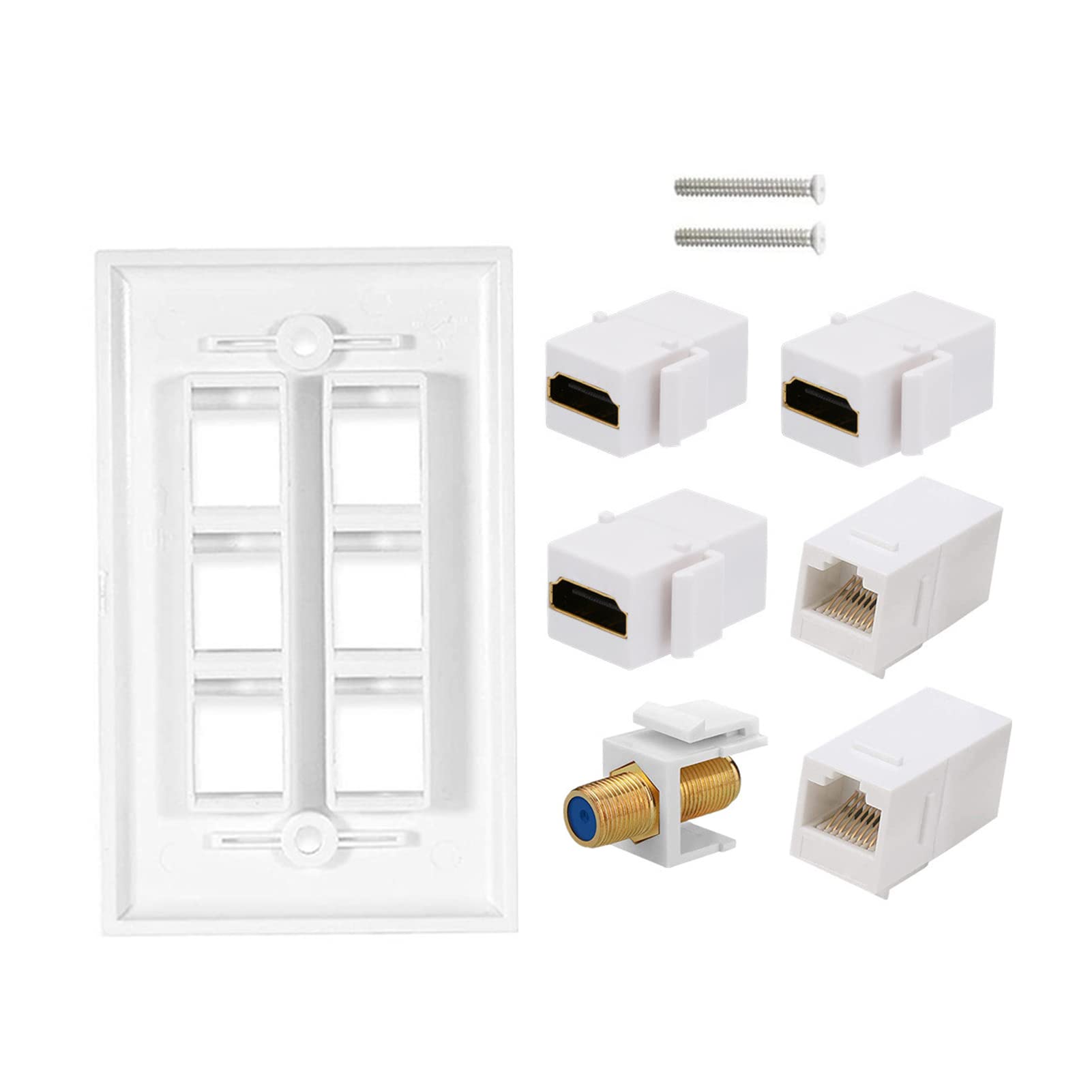 ASHATA Placa de Pared Ethernet Coaxial HDMI de 6 Puertos, 4 Puertos HDMI, Coaxial de Red Ethernet RJ45 Y Placas de Salida de Pared de Puerto de Cabeza de TV F, Compatible con Cable Cat5 Cat5e Cat6