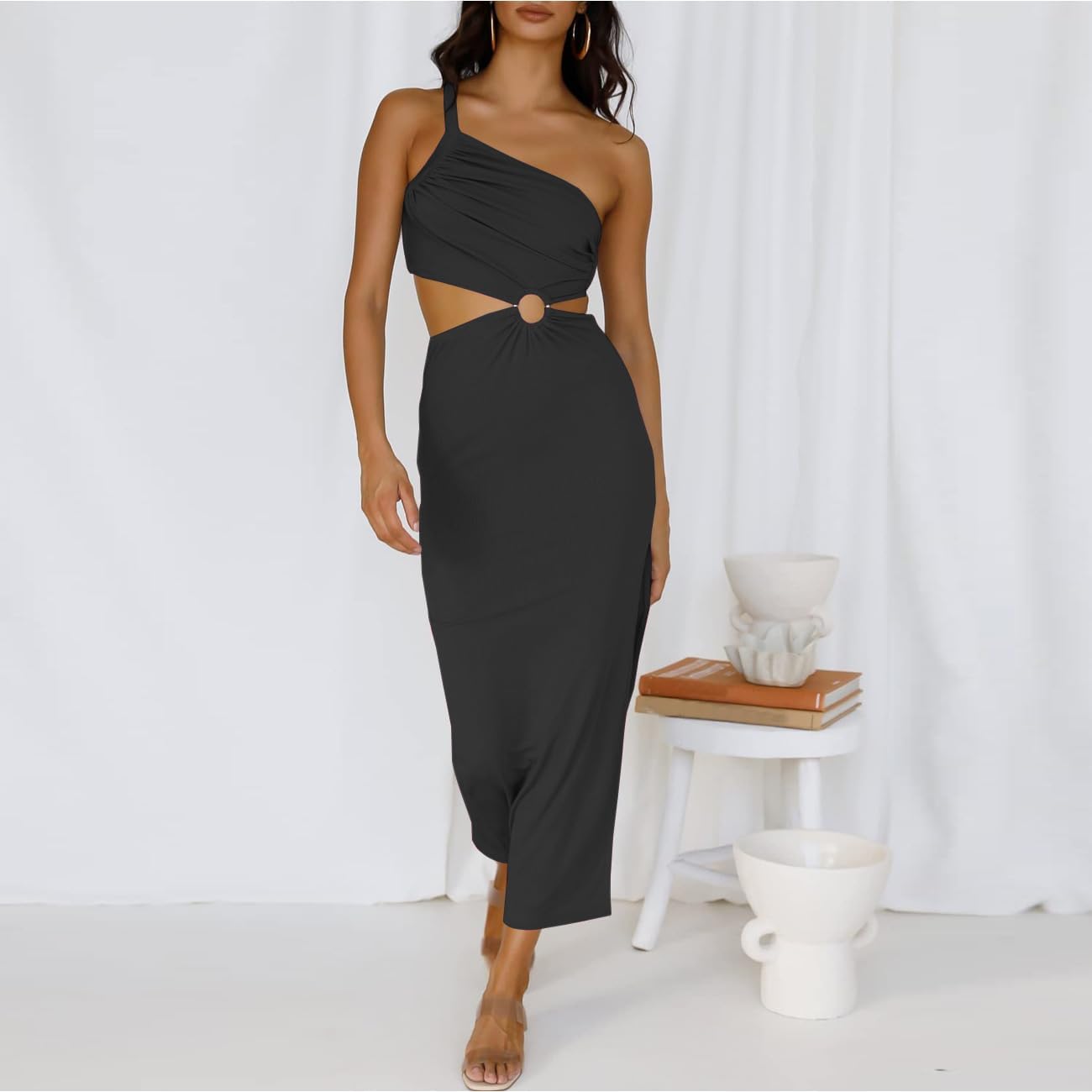 Vestito da Donna Abito Una Spalla Pieghettato Schiena Nuda Chiffon Elegante Tubino Festa Cocktail Abito da Damigella della Sera e Cerimonia Matrimonio Lady Dress