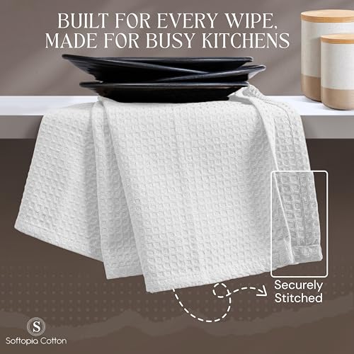 Image of White Waffle Kitchen Towels Set of 4-100% Cotton, Super Absorbent, Soft, Quick Drying, 16x26 Inches, with Hanging Loop, Perfect for Dish Drying, Cleaning, Bar & Everyday Use