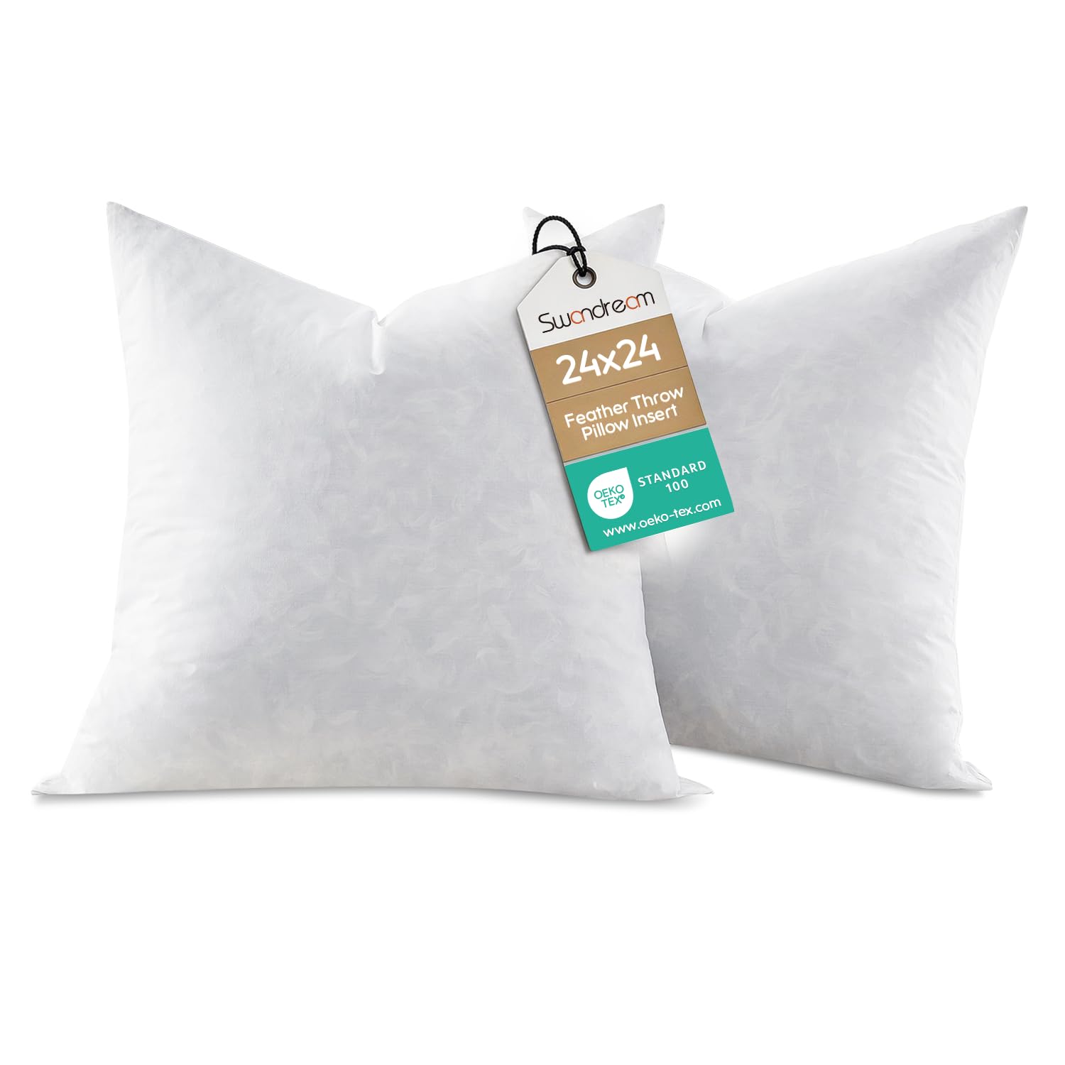 24x24 Feather Throw Pillow Inserts, Decorative Pillow Inserts for Covers, Fuller Fit with Soft Support for Bed and Couch, Set of 2