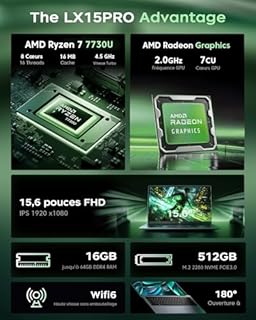 ACEMAGIC 15.6" 2026 Ordinateurs Portables Ryzen 7 7730U Huit-Core (8C/16T,4,5 GHz) Radeon Vega 8,PC Portable 16 Go RAM DDR4*2,512Go SSD,WiFi 6,BT5.2,HDMI,Type C,Cache Caméra,Gris