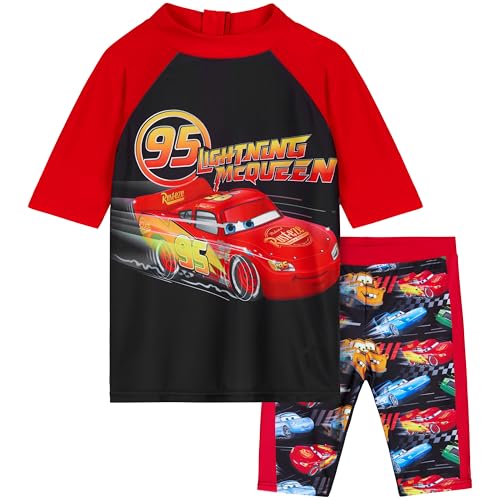 Get Trend Disney Cars Boys Swimming Costume Set 2 Piece Swimwear Rash Guard Top and Swimming Trunks Comfy Swimsuit for Beach Pool Holiday Essentials (3-4 Years, Red/Black Cars)